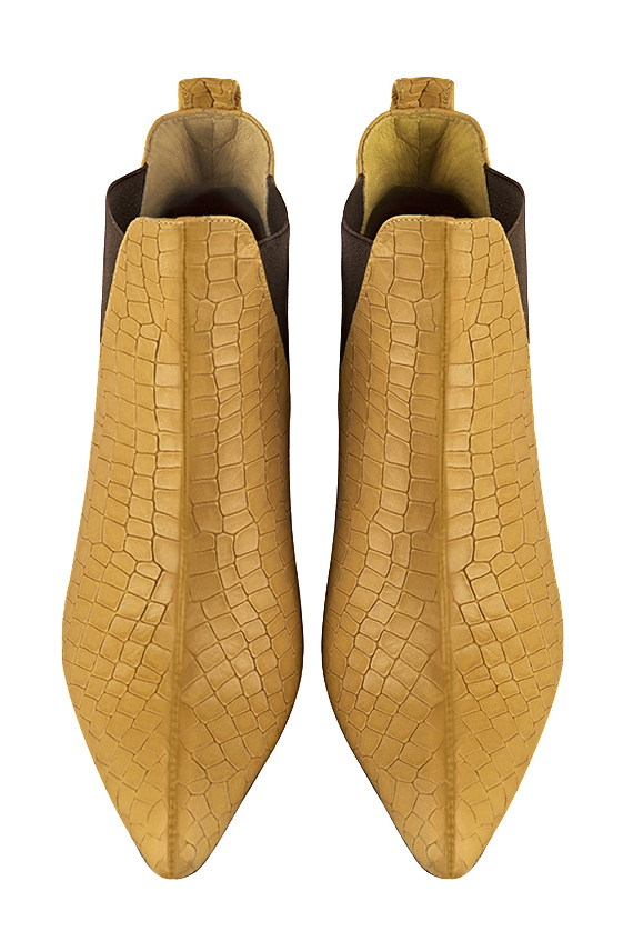 Mustard yellow and dark brown women's ankle boots, with elastics. Tapered toe. Medium comma heels. Top view - Florence KOOIJMAN